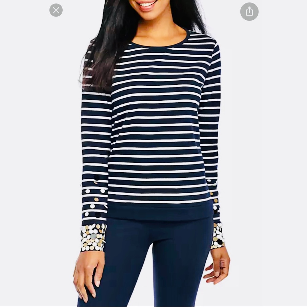 CROWN & IVY navy stripe top with sequins, long sleeves, nice casual, plus 1X /XL